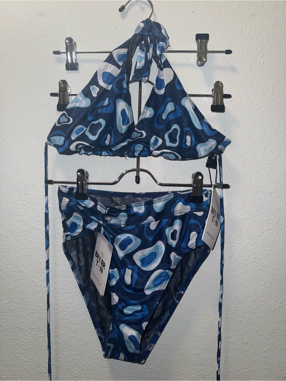 Better Tan Tan Thru Blue Patterned Triangle Hight Waist Swim Set